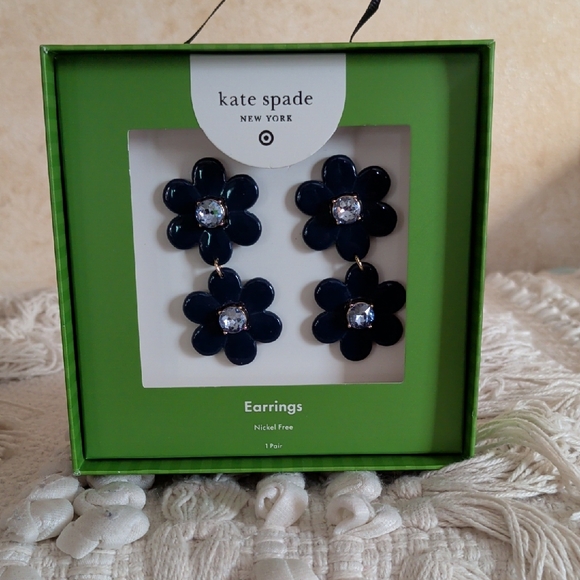 kate spade Jewelry - kate spade navy blue double flower drop earrings with crystal centers